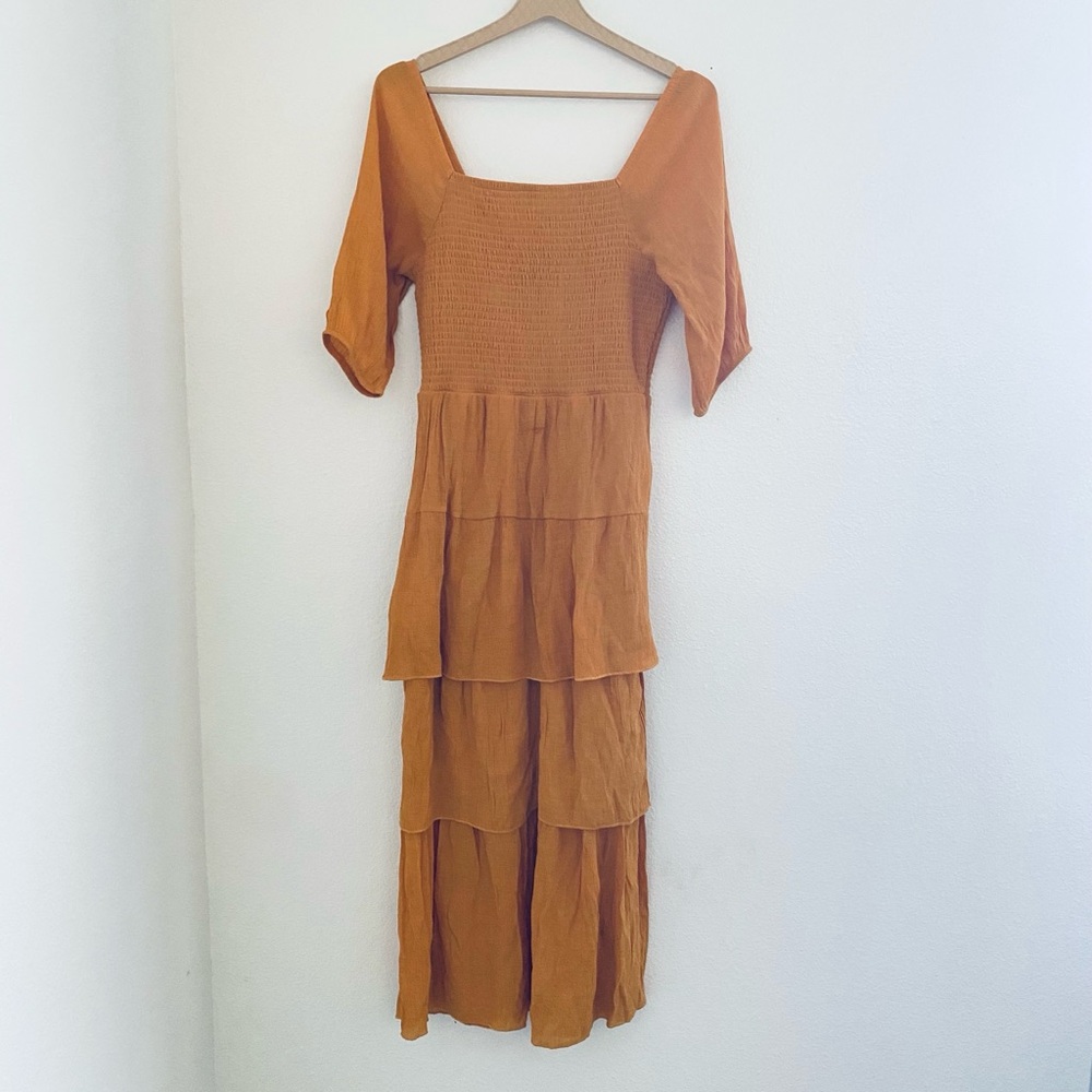 Elegant Long Sleeve Tiered Dress in Rust